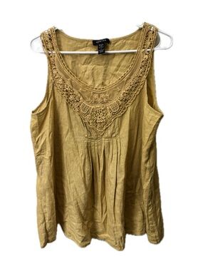Spense Mustard Yellow Lace Detail Tank Top Boho Linen Blend Size L